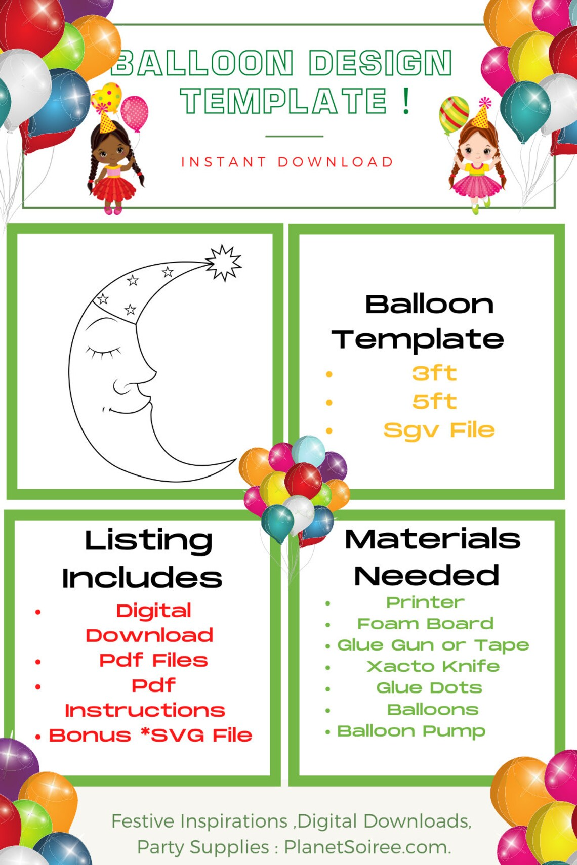 Moon Balloon Template, Over the Moon Mosaic, First Birthday , Baby Shower Decor , Gender Revel Party, Mosaic from Balloons , Diy