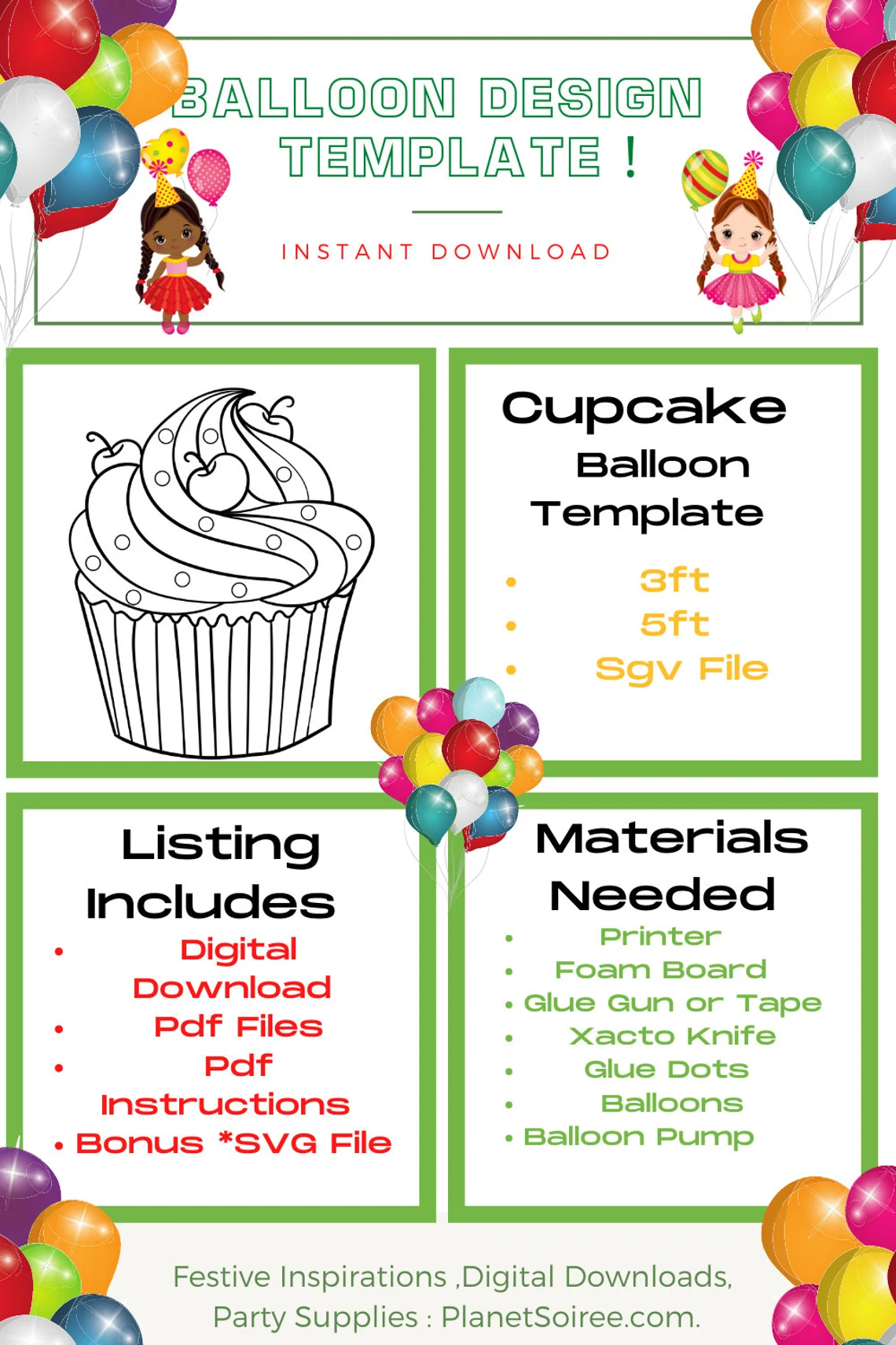 Cupcake Mosaic Balloon Template Digital Downloads, Cupcake Birthday Balloon Template,Cupcake balloon Template,1st Birthday balloon template.