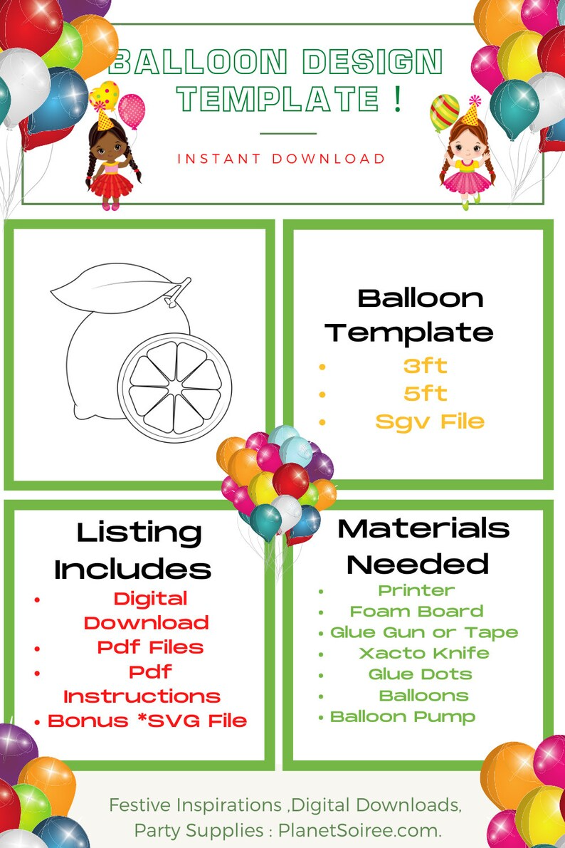 Main Squeeze, Lemon Balloon Template, Lemon Mosaic from Balloons, Summer Mosaic Template, Orange From Balloons, Fruit Template from Balloons