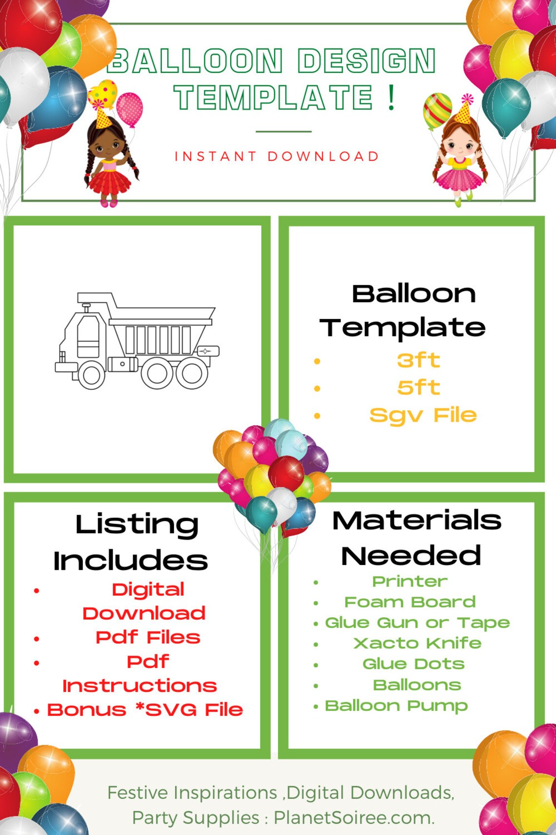 Dump truck Balloon Template, Construction Worker, Engineer, Digger Party , Balloon Mosaic , Pdf file , Instant download