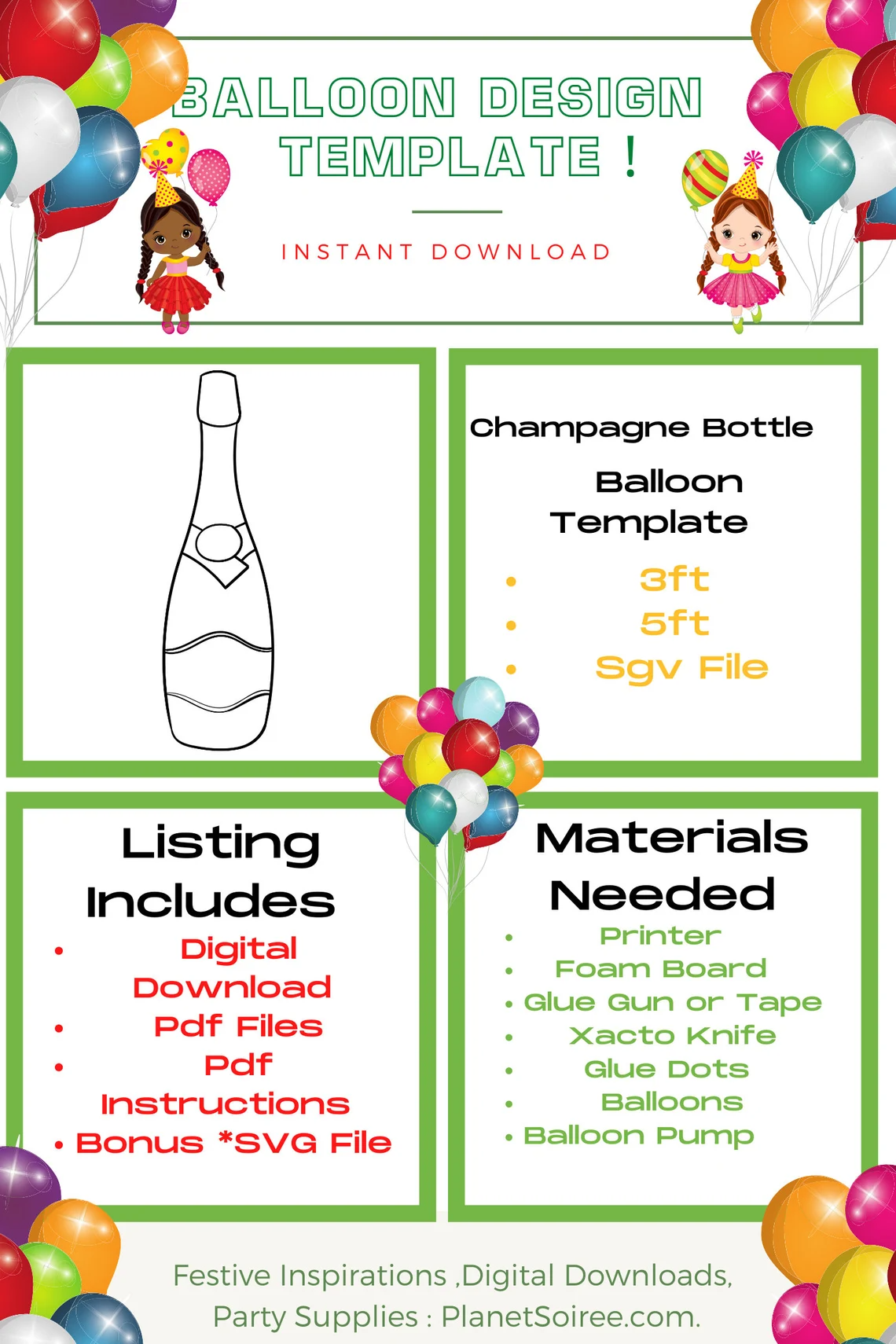 Champagne Bottle Balloon Template, Digital Download, Mosaic Balloons,New Years Eve Template, 21st Birthday Balloon template,Engagement Party
