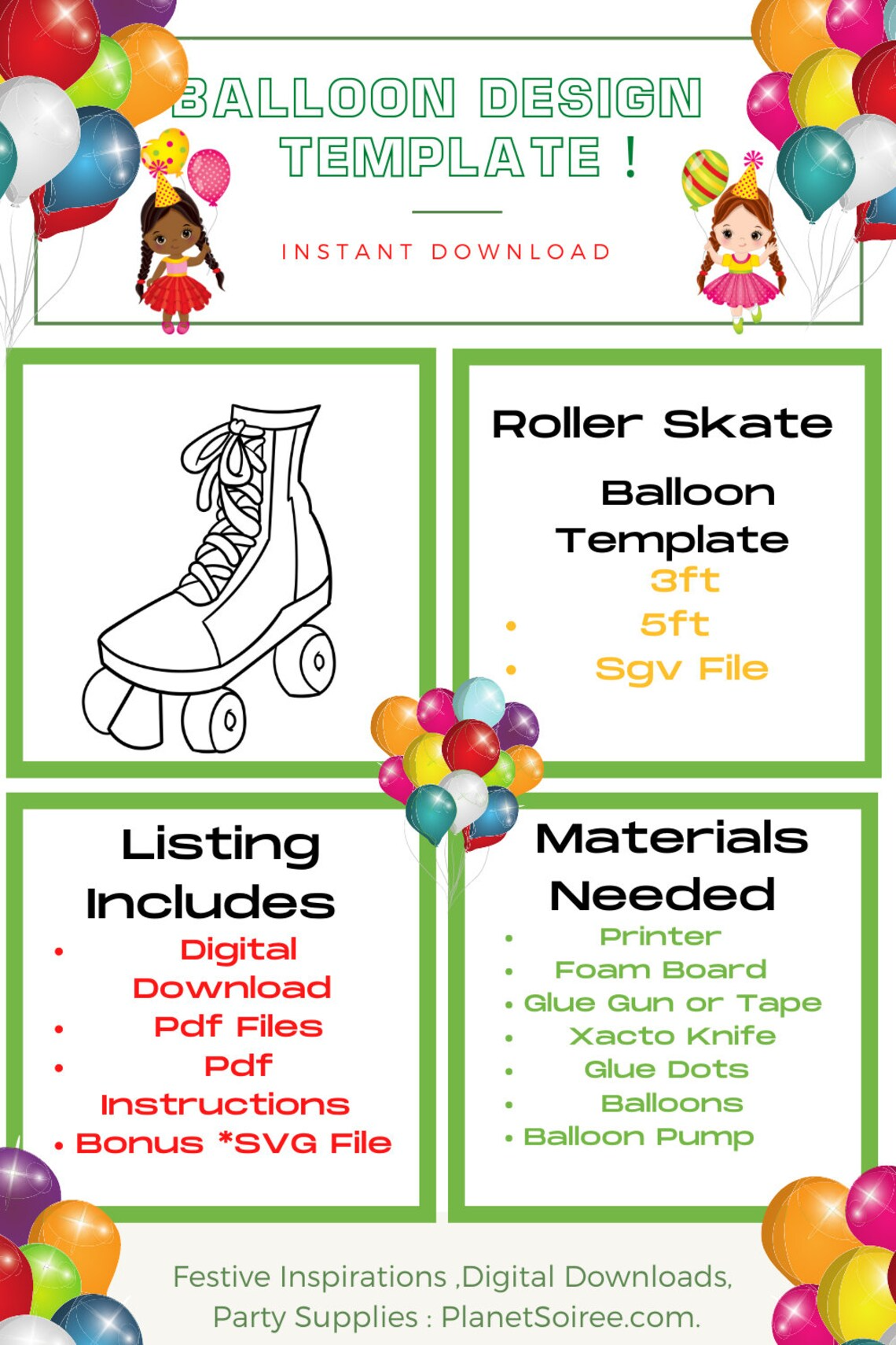 Roller Skate Balloon Template Digital Download-Balloon Roller BladeTemplates-Roller Skate Balloon Mosaic Template-Birthday Balloon template.