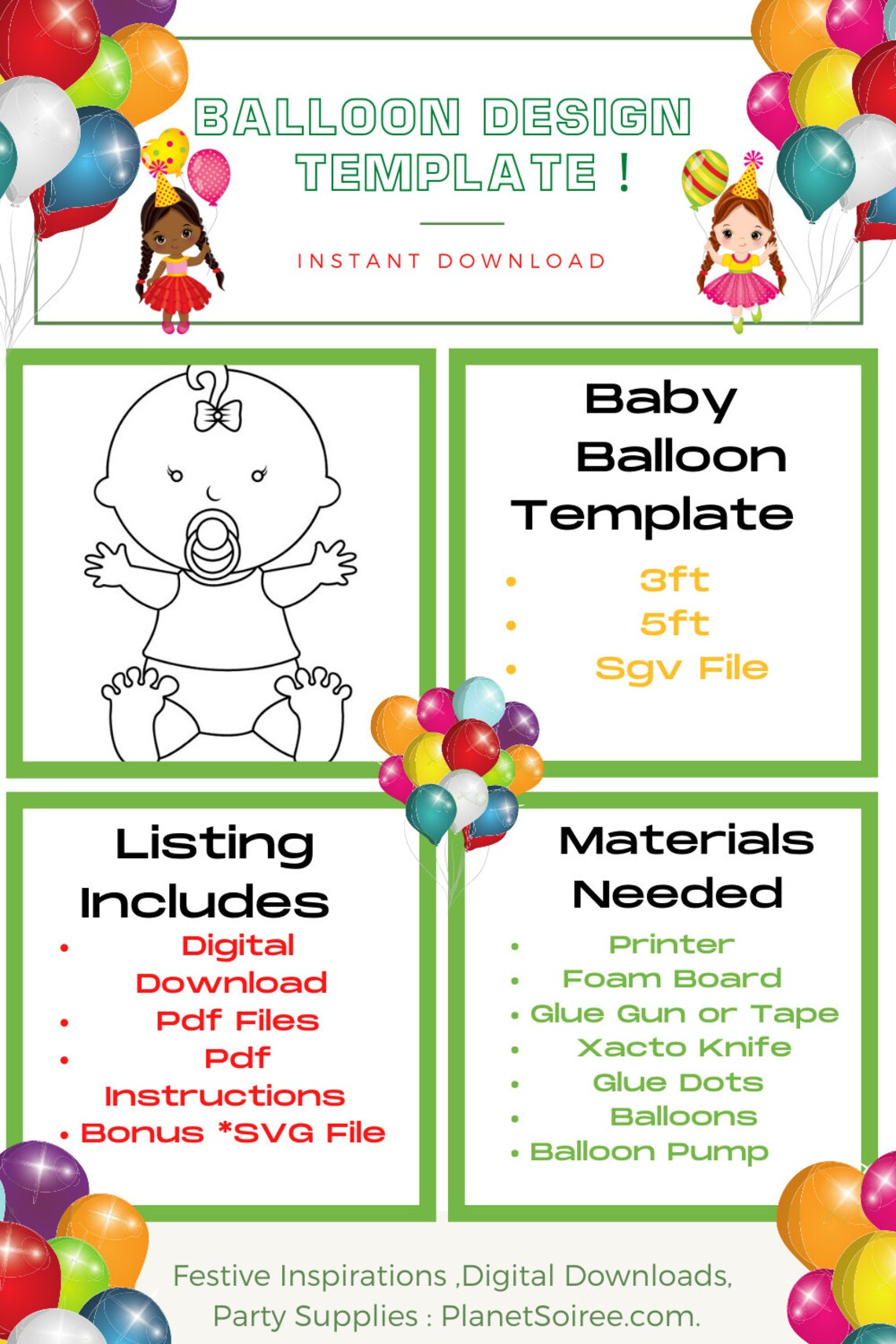 Baby Mosaic Template , Balloon mosaic for baby shower , Baby Birthday decor , 1st Birthday balloon template