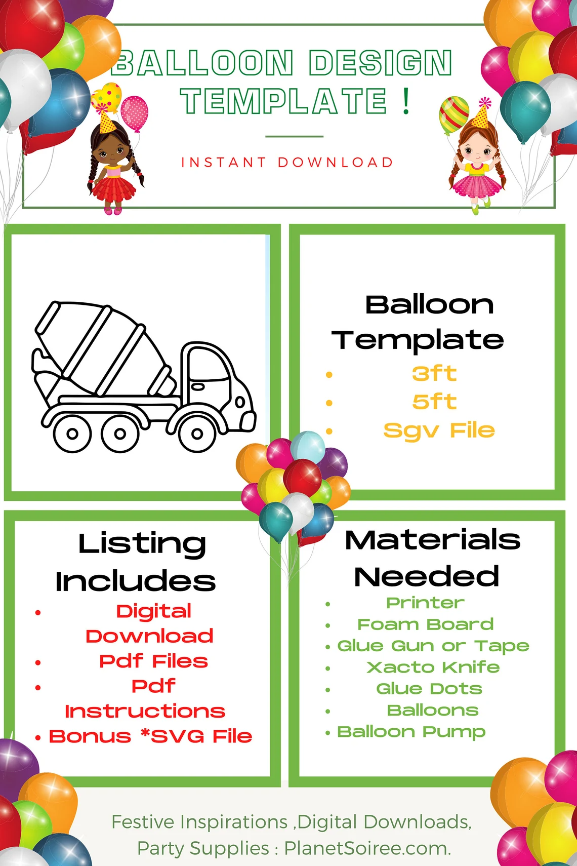 Cement Truck Balloon Mosaic, Construction Birthday Decor, Cement Mixer Balloon Template, Diy, Mosaics from Balloons