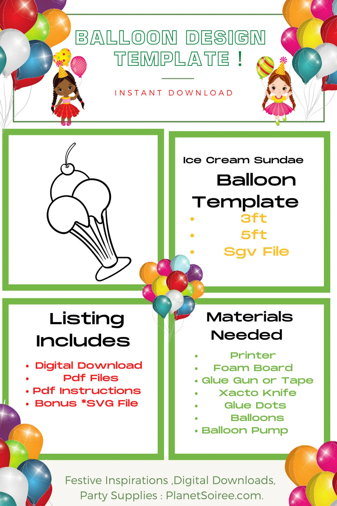 Ice Cream Sundae Balloon Template Digital Downloads-Ice Cream Party Balloon Template-Birthday and Party Decoration Balloon templates.