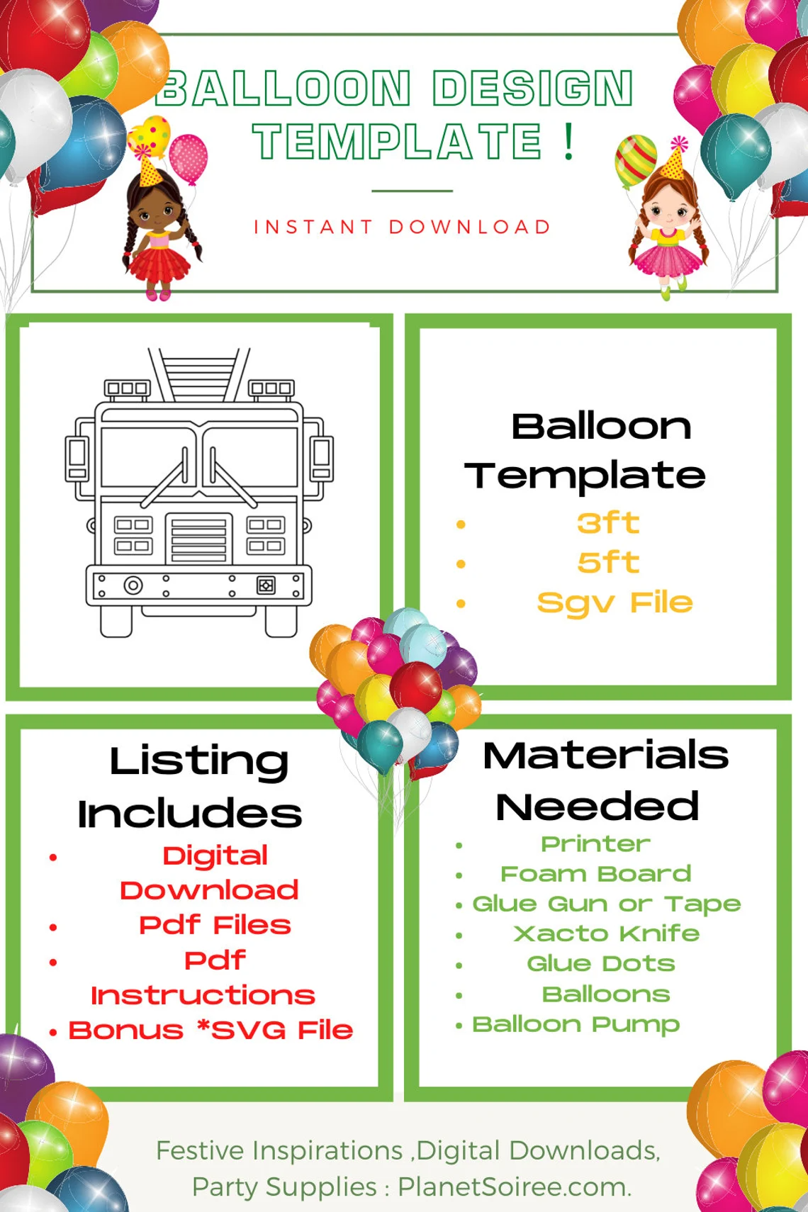 Fire truck Balloon Template,Fire Truck Mosaic from Balloons, Fire Engine Mosaic Template, Firefighters Decor, Boys Birthday Balloons