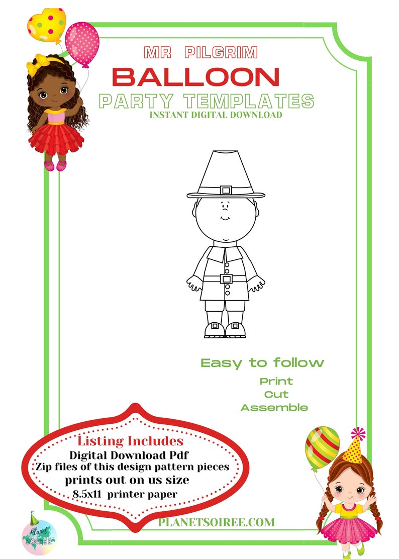 Mr Pilgrim Mosaic from Balloons, Thanksgiving Pilgrim balloon Mosaic, Holiday Balloon Mosaic,Pilgrim Man Digital Design, Instant Download