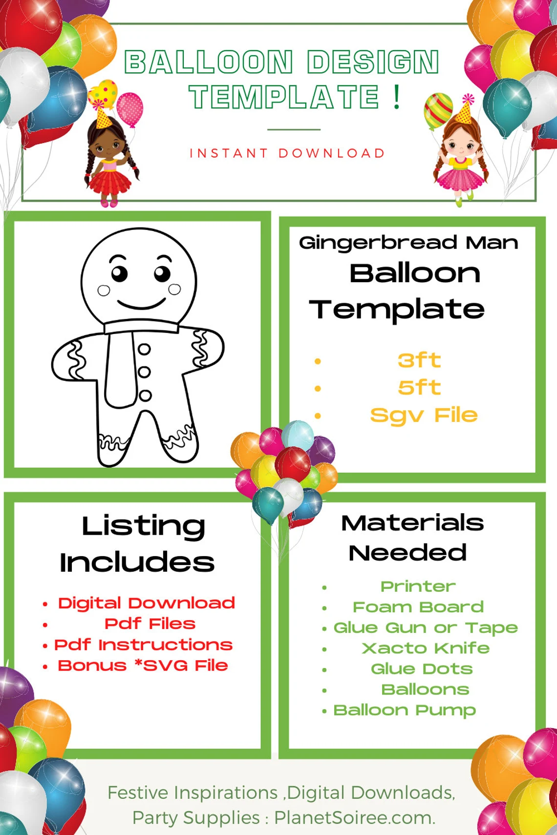 Gingerbread Man Balloon Template, Digital Downloads,Balloon Mosaic Template,Christmas Cookie Template,Birthday and party Balloon templates.