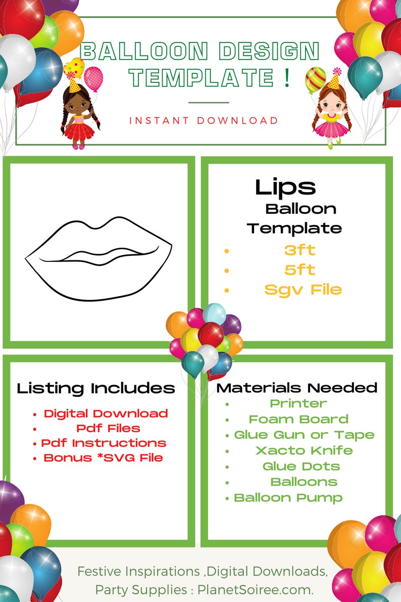 Two Lips Balloon Template, Valentine Digital Downloads, Kiss Mosaic, Balloon Template, Valentine's Day, Valentines Mosaics from Balloons