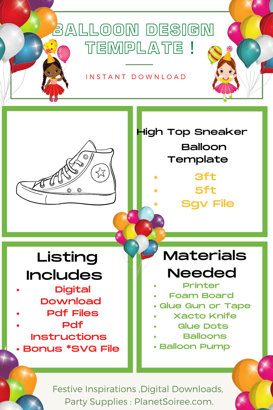 All Star Sneaker Balloon Template, Digital Downloads, Balloon Templates, Birthday and Party decorations, Mosaic Balloons,Converse Sneaker