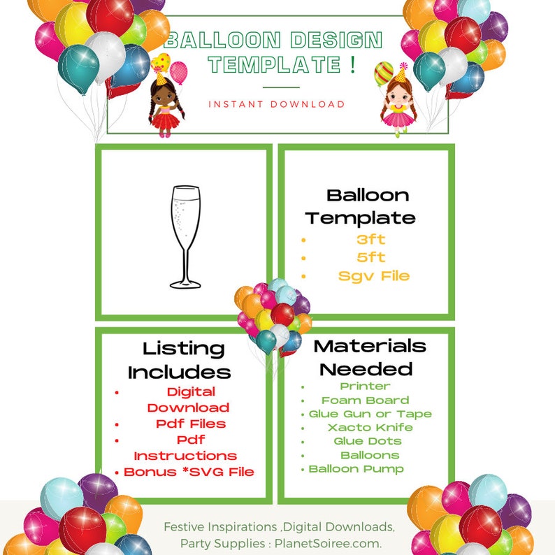 Champagne Flute Balloon Template Digital Download-New Years Eve Mosaic BalloonTemplate- , Engagement Party ,21st Birthday Balloon templates