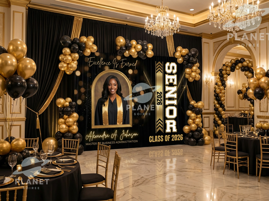 Luxury Graduation Backdrop Template | Black &amp; Gold Grad Party Decor | Class of 2026 Graduation Canva Template | Graduation Photo Wall