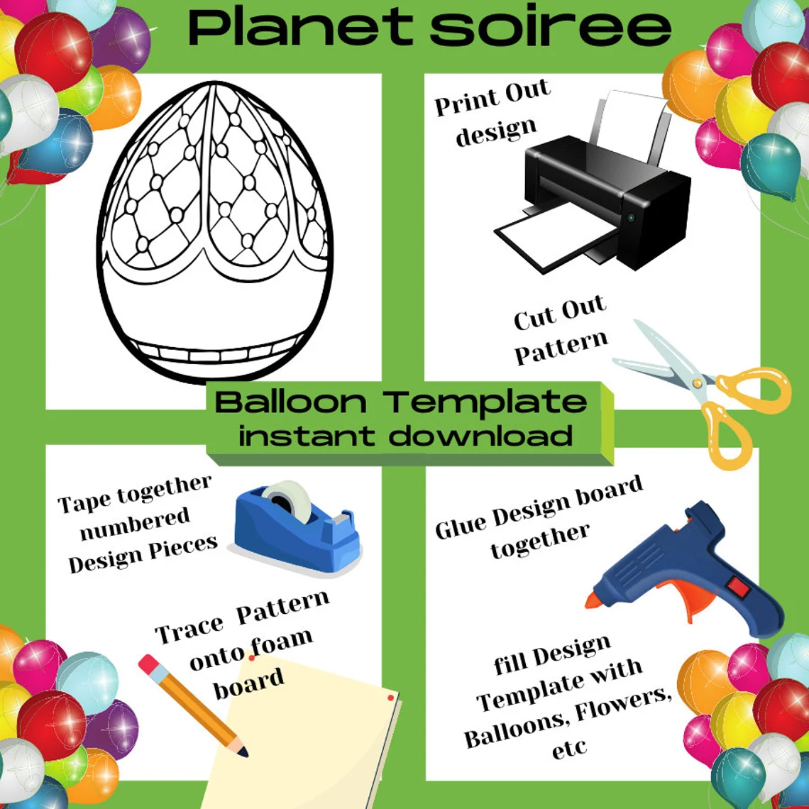 Easter Egg Balloon Mosaics , Egg pdf file , Easter Balloon Template , Balloon Mosaic, fabrochet egg