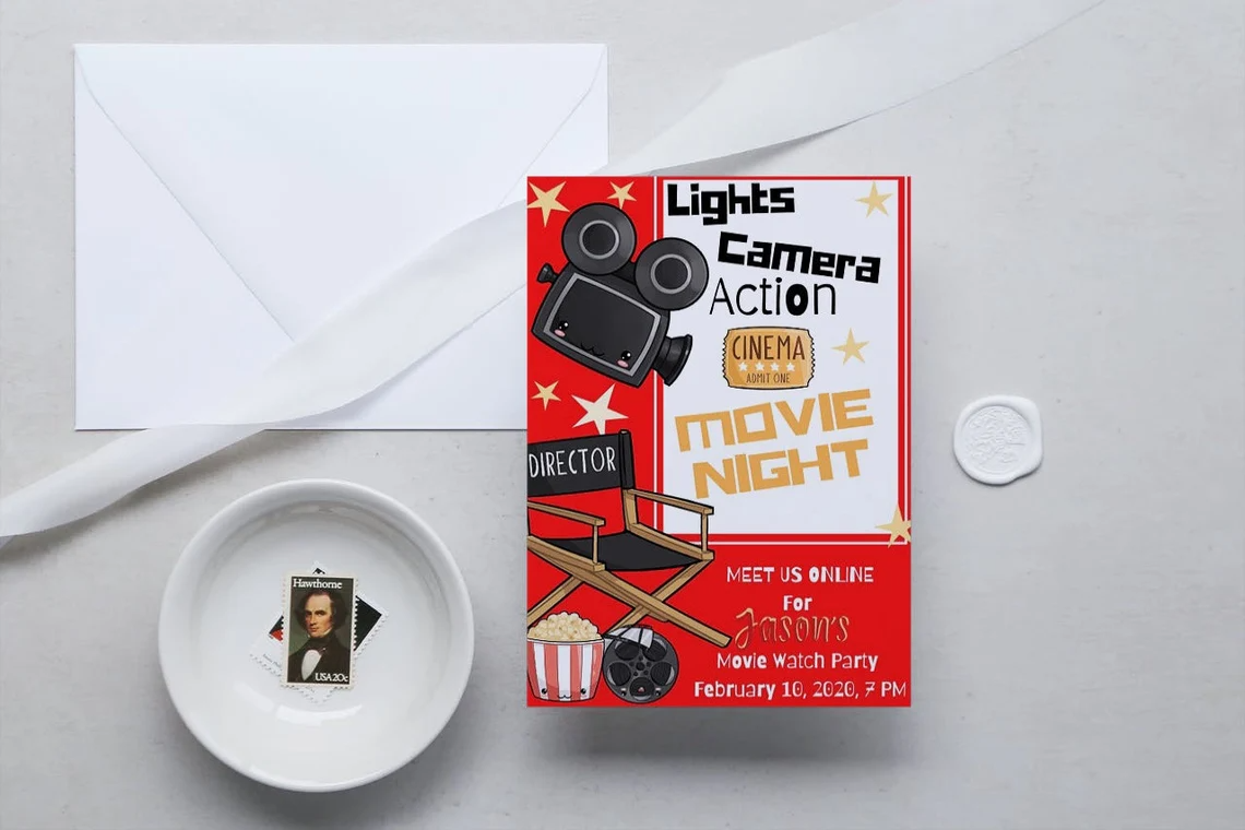 Lights Camera Action, Movie watch Invitation, Its movie time , personalized party invitation, Invite ,Movie Nite, Movie Digital Download