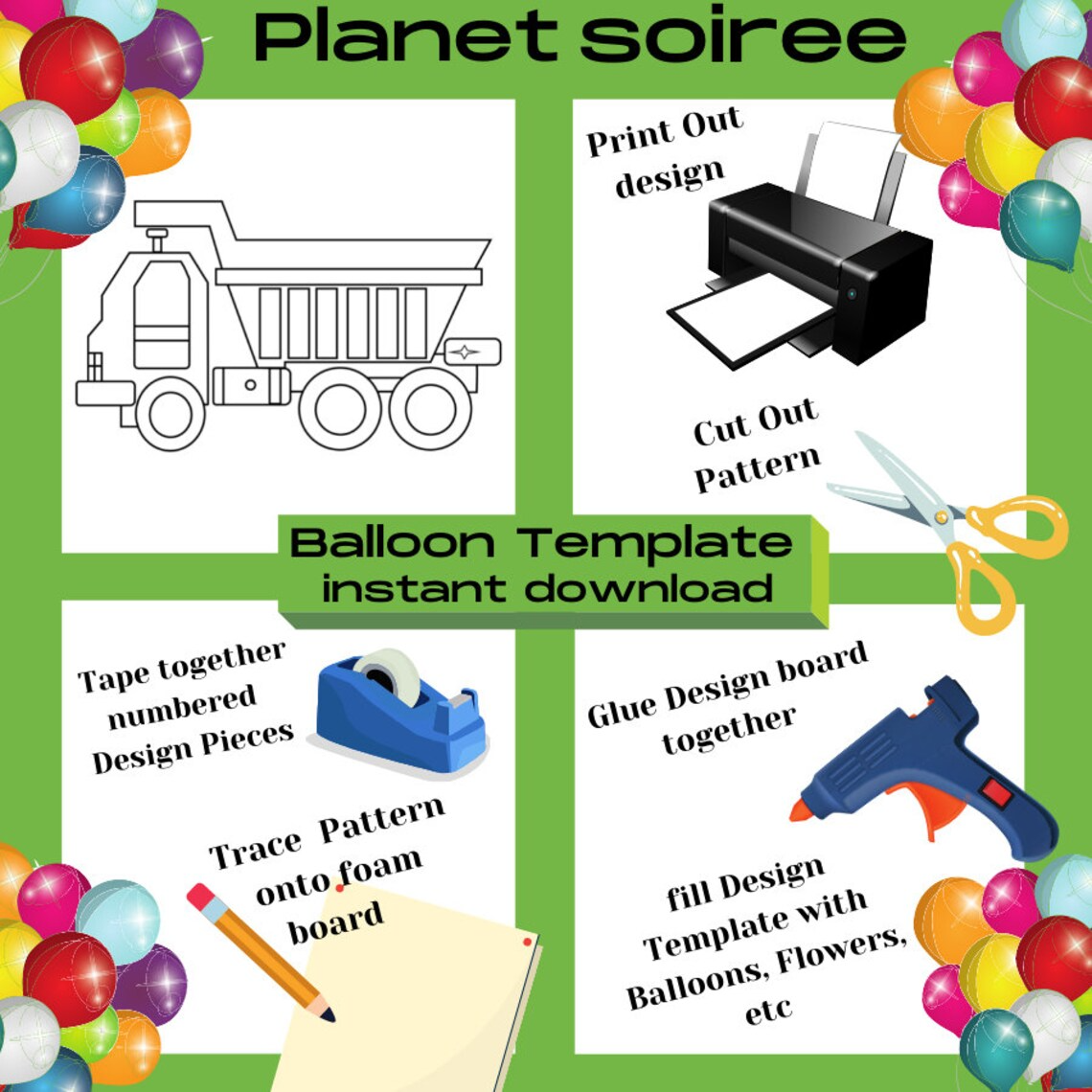 Dump Truck Balloon Template, Truck Mosaic from Balloons, Truck Mosaic Template, Dump truck Mosaic , Template from Balloons,