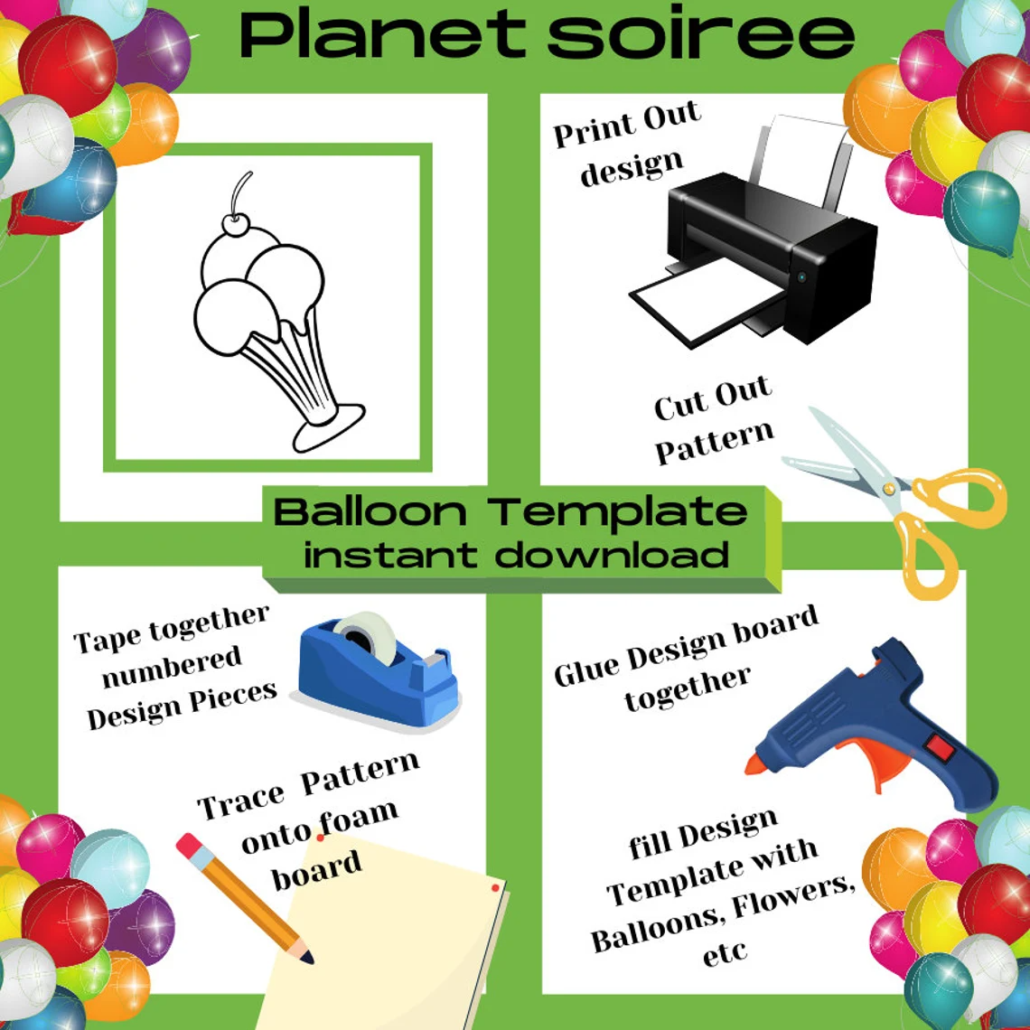 Ice Cream Sundae Balloon Template Digital Downloads-Ice Cream Party Balloon Template-Birthday and Party Decoration Balloon templates.