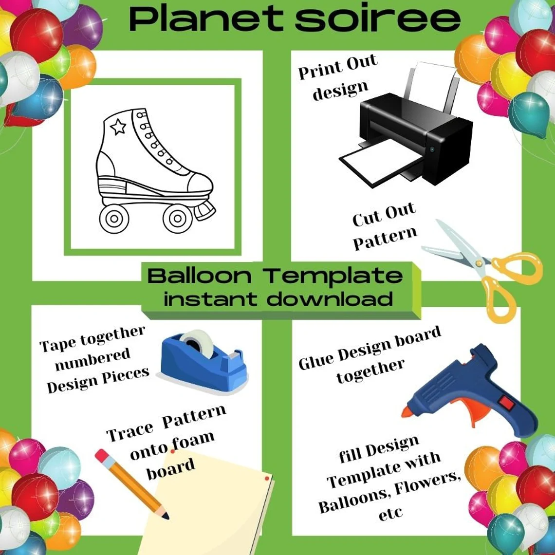 Roller Skate balloon Template Digital Downloads-RollerBlade Mosaic Balloon Template-Birthday and party Balloon Decoration templates.