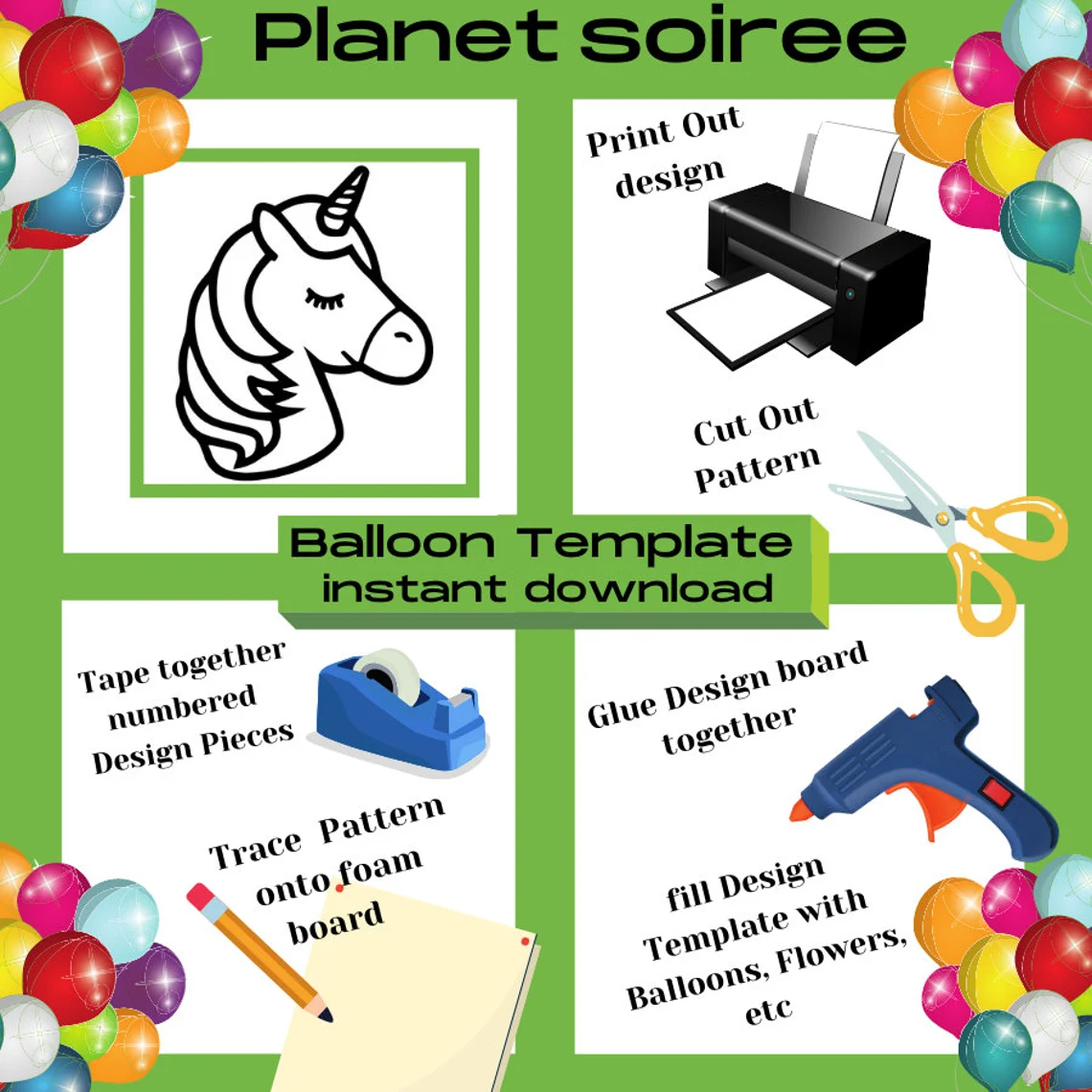 Unicorn Template,Unicorn from Balloons, Unicorn Mosaic from Balloons, Birthday Decor, DIY Unicorn, Mosaic Template