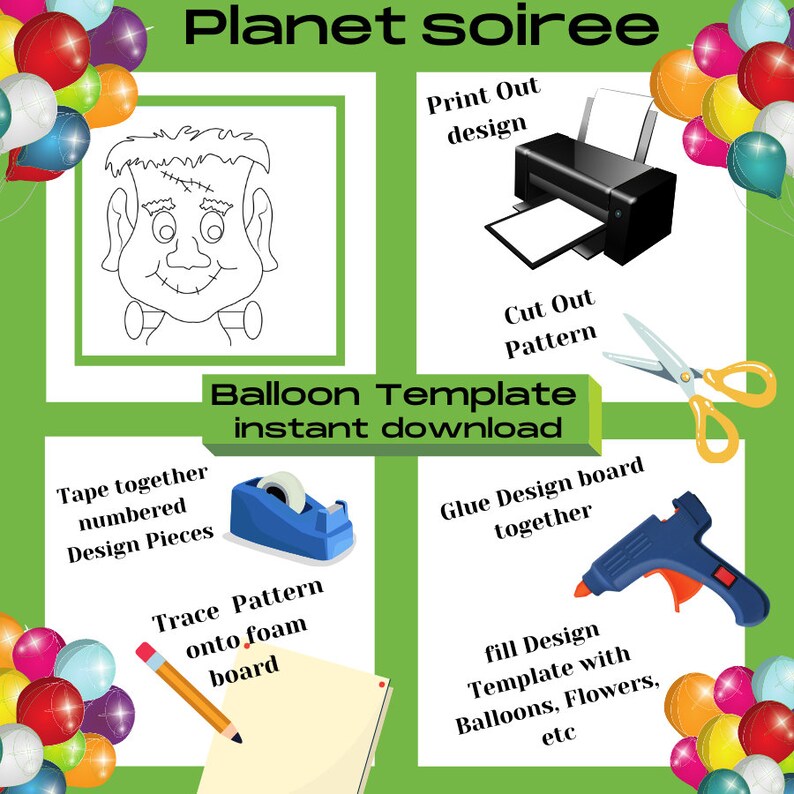 Frankenstein Balloon Mosaic Template , Herman Munster Mosaic , Victor Frankenstein, Halloween Monster Mosaic ,Spooky Halloween Decor