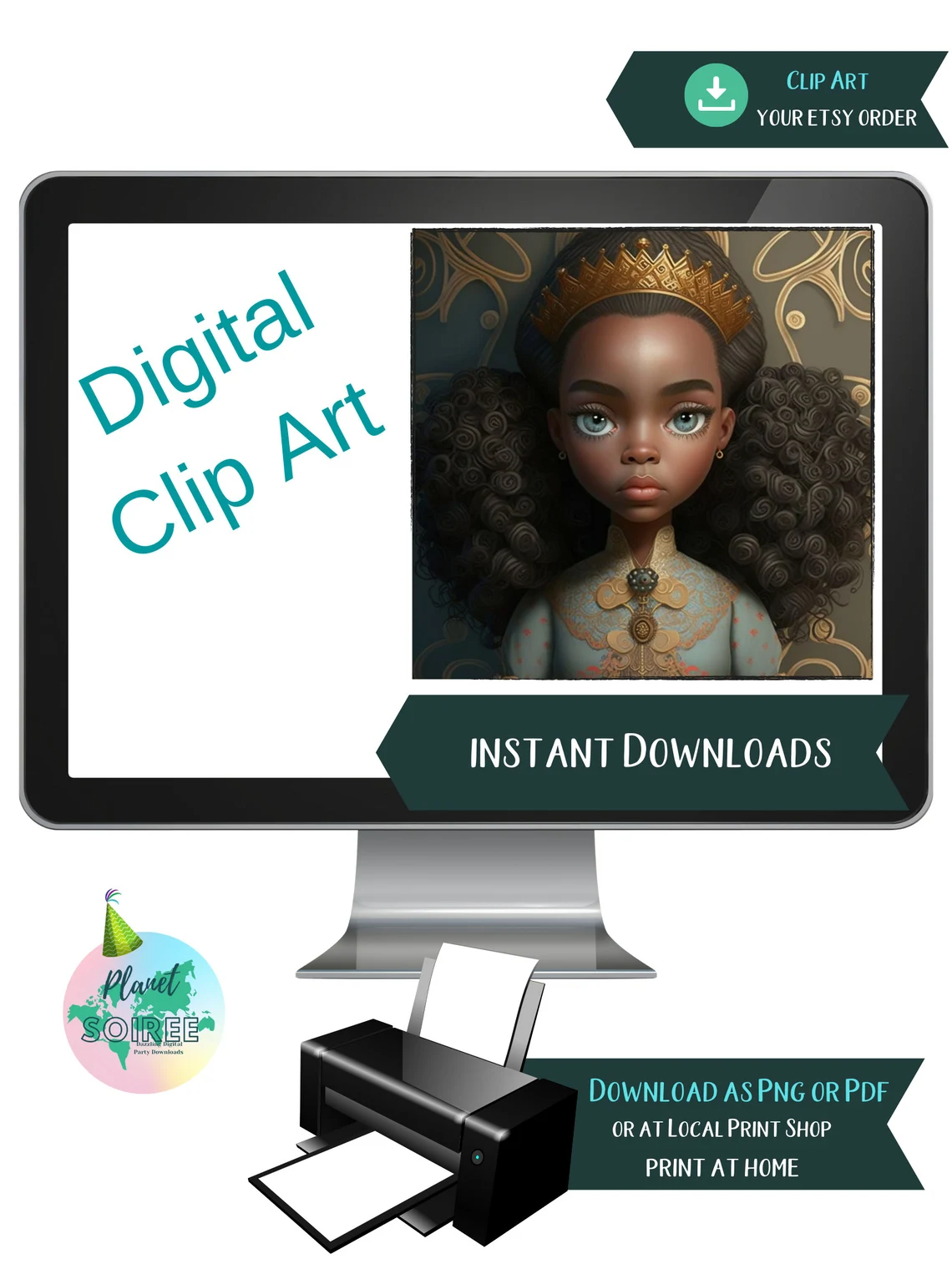 Digital Download, Black Girl Princess Collection: Adorable Afro Girl Art, Invite Clipart, Melanin PNG, POD, KPD, Commercial Use, Sublimation
