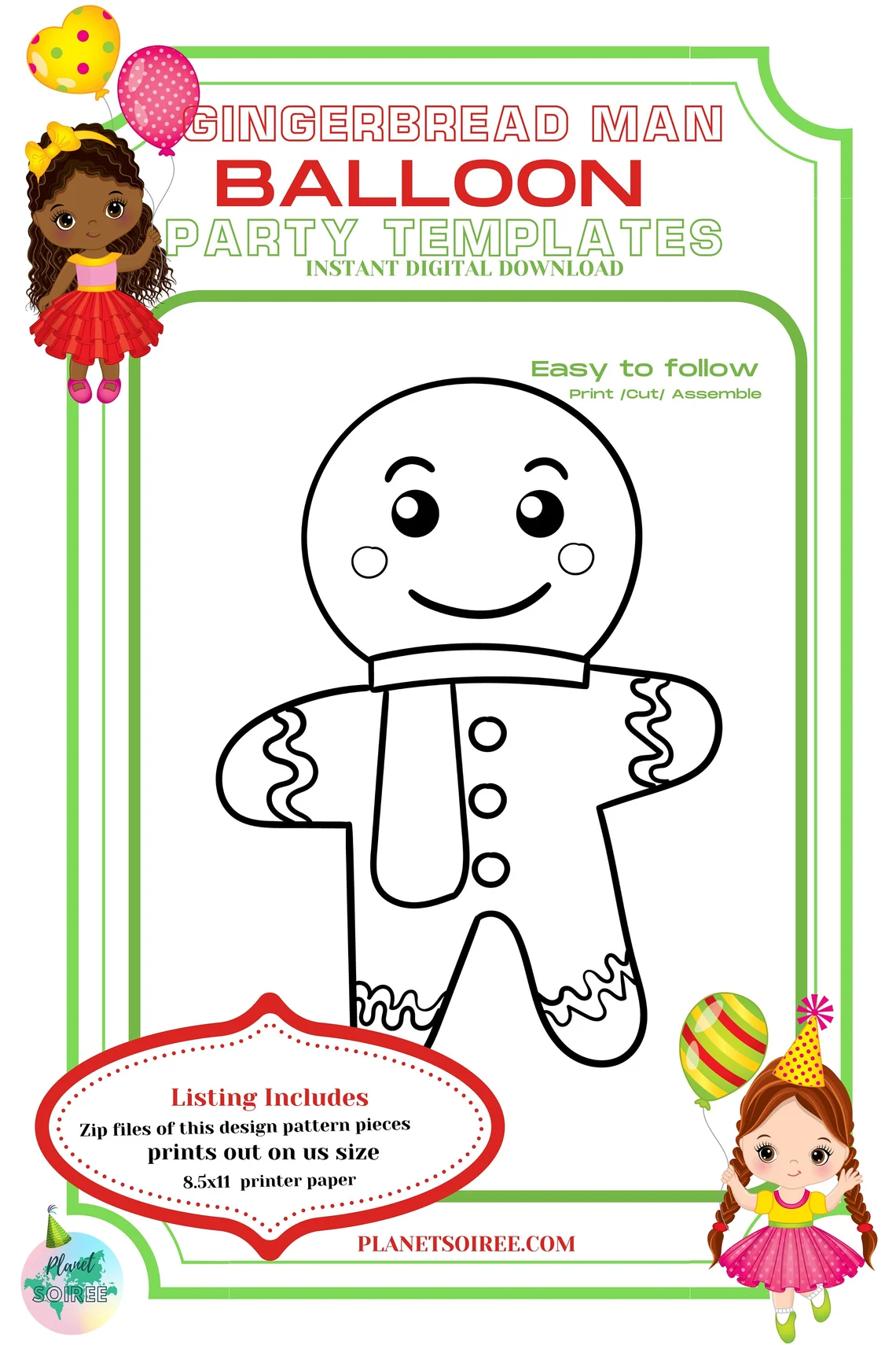 Gingerbread Man Balloon Template, Digital Downloads,Balloon Mosaic Template,Christmas Cookie Template,Birthday and party Balloon templates.