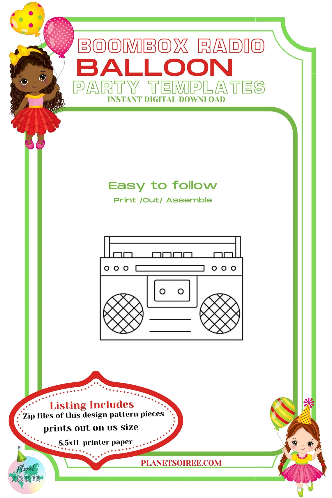 BoomBox, Radio Mosaic Balloon Template, Hip Hop Party Template, Djay ,Eighties Decor, Diy, Digital Download