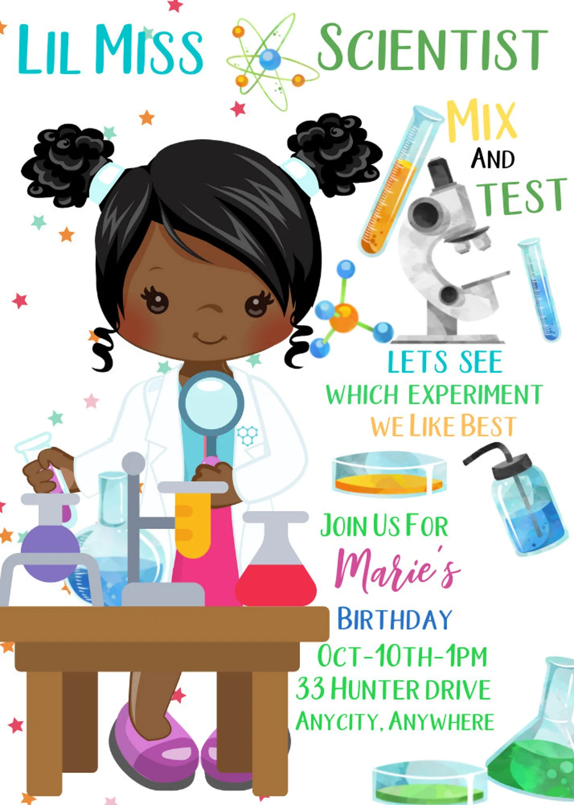 Lil Miss Scientist birthday invite, Lil Miss Scientist Birthday Invitation , personalized party invitation, Invite , Digital Download