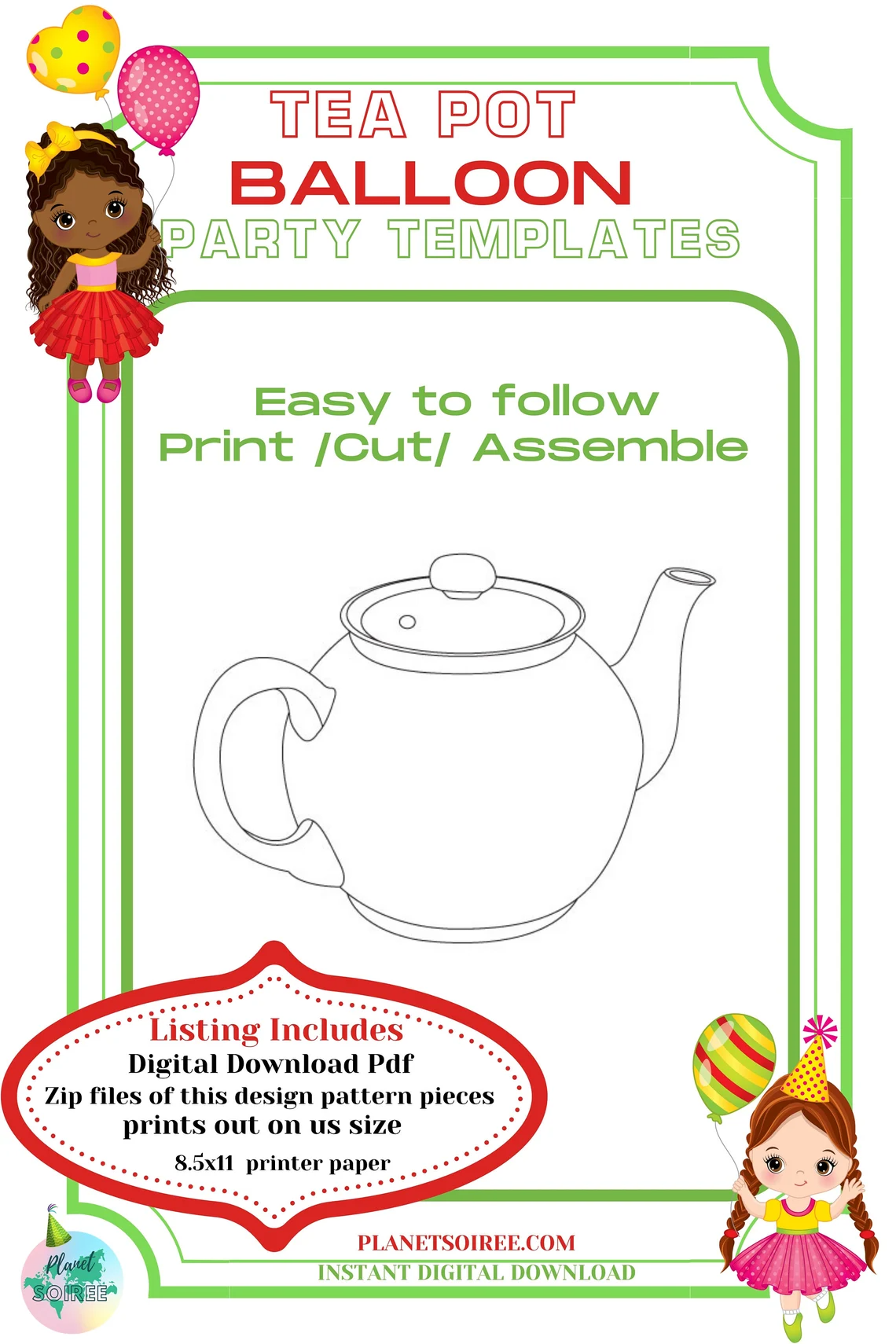 Tea Pot balloon mosaic , English tea Party template , Afternoon tea party decor, lil girls tea party , diy , instant download