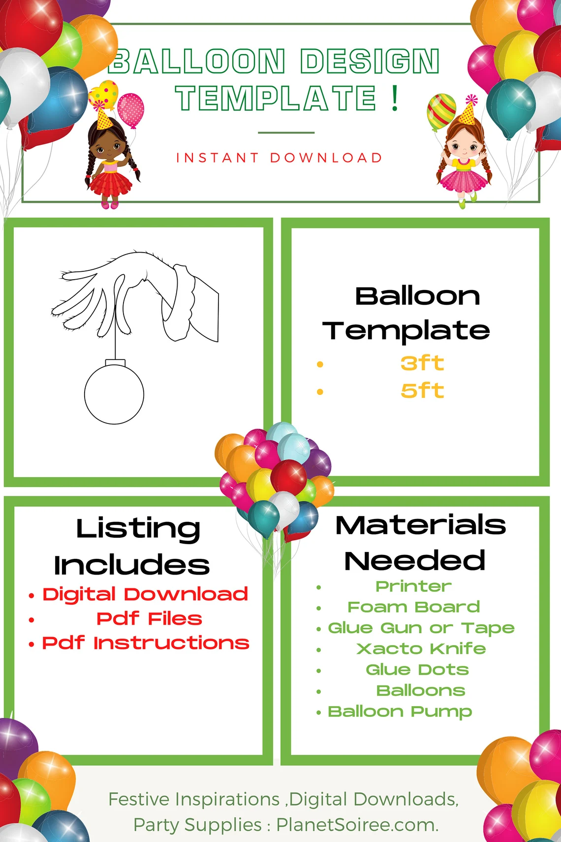 Green Hand Grinch , Mister Grrrnch Mosaic from Balloons, Xmas balloon Mosaic, Holiday Balloon Mosaic, Digital Design, Instant Download