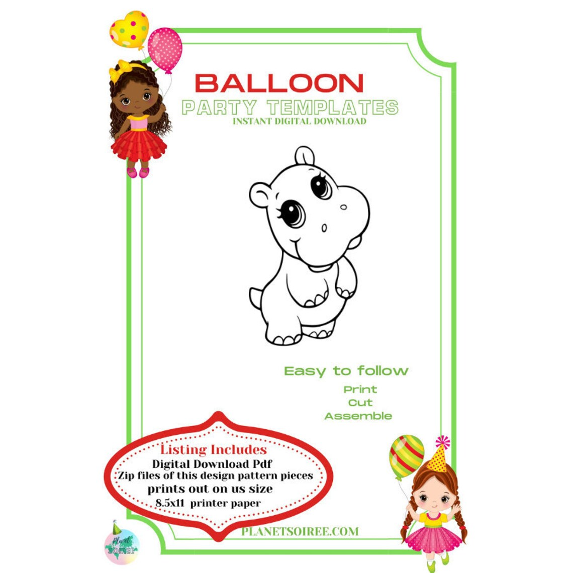 Henrietta Hippo, Hippie Hippo , Happos Family , Baby Happo , Baby Hippo balloon Mosaic , New Zoo , Animal Balloon Template, Safari Decor