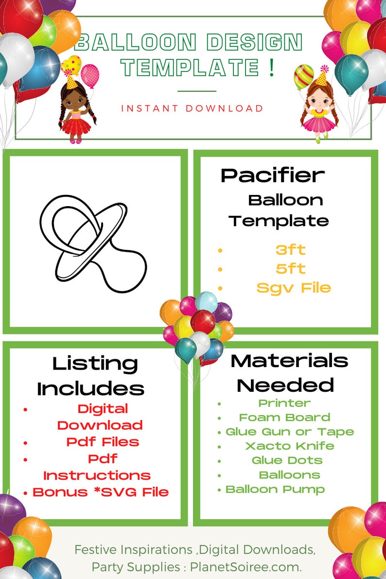 Pacifier Balloon Template Digital Downloads-Pacifier Balloon Templates, Birthday and Baby Gift Balloon templates. Mosaic Balloon