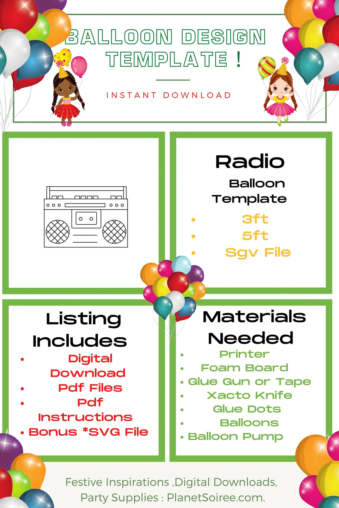 BoomBox, Radio Mosaic Balloon Template, Hip Hop Party Template, Djay ,Eighties Decor, Diy, Digital Download