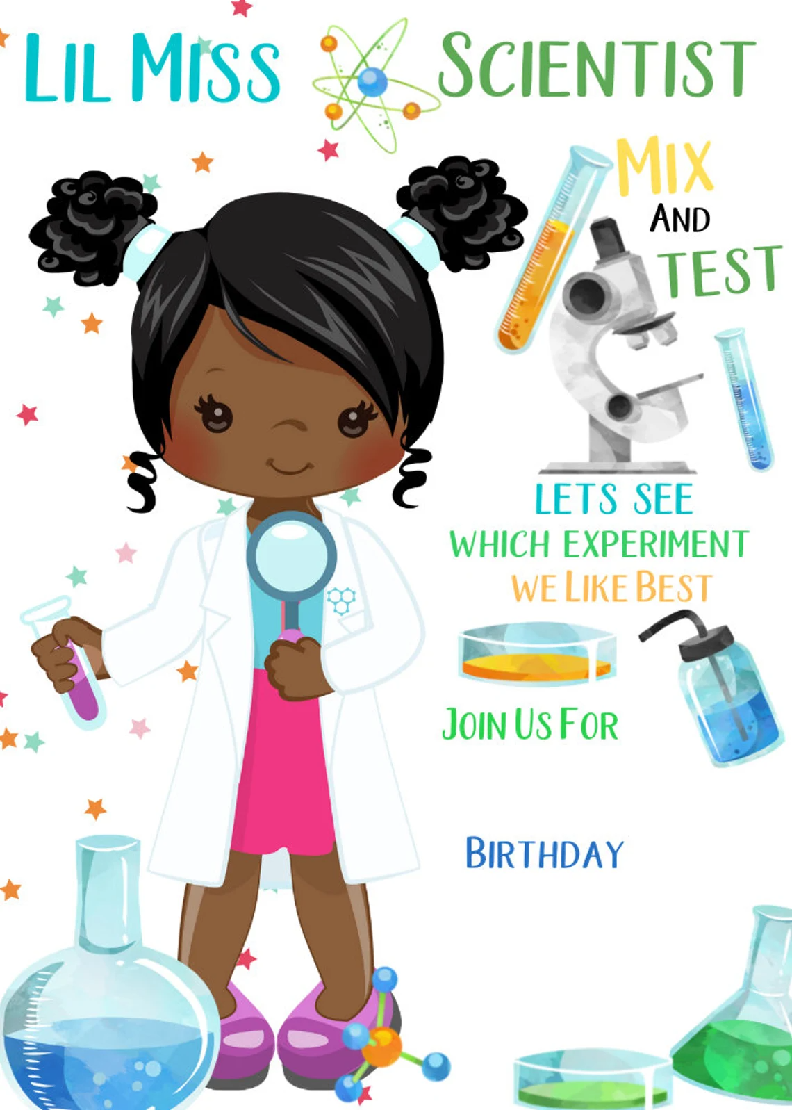 Lil Miss Scientist birthday invite, Lil Miss Scientist Birthday Invitation , personalized party invitation, Invite , Digital Download