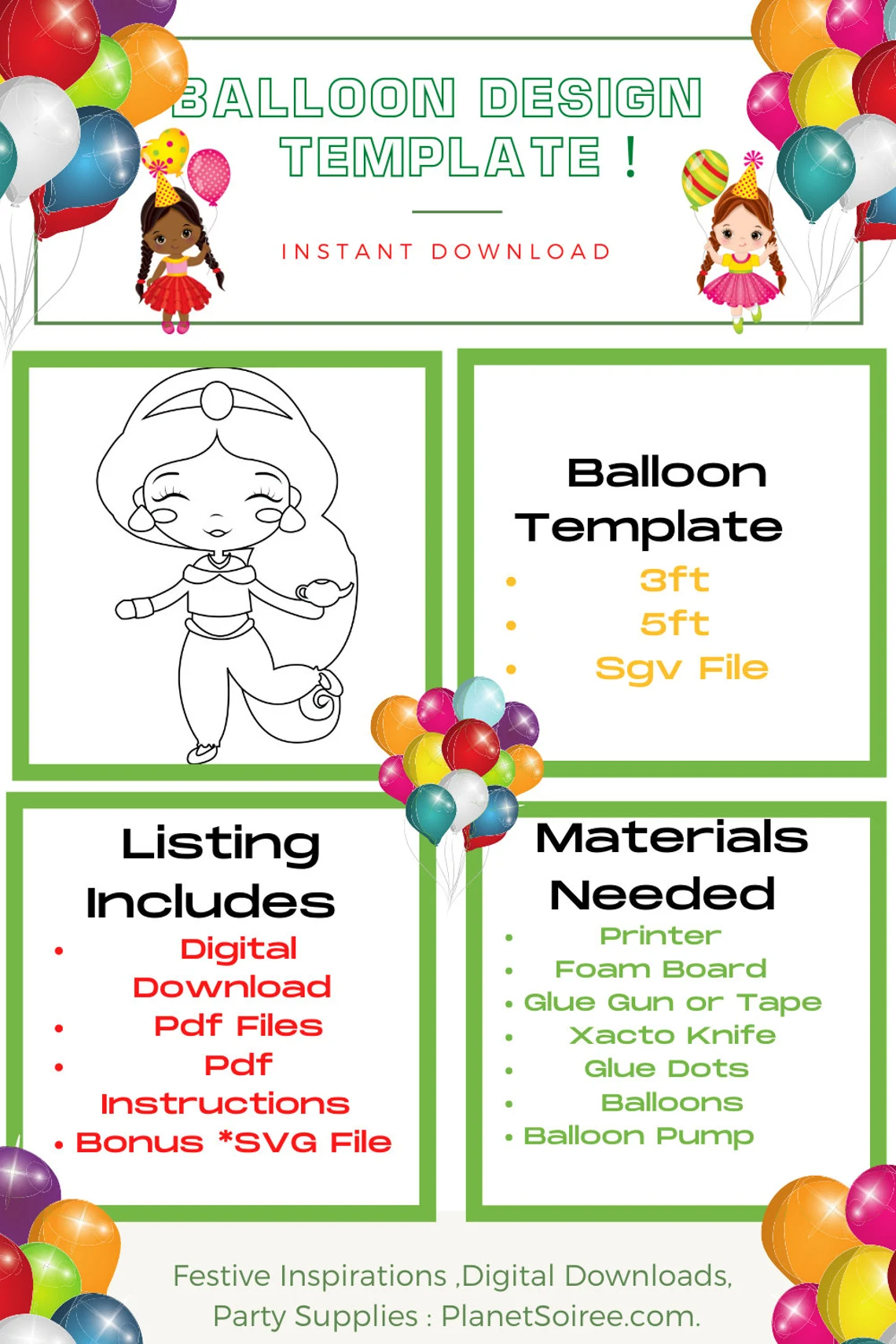 Genie Balloon Template, Magical Genie balloon Mosaic, Birthday Magic, Genie Girl , Jasmine Mosaic, Shimmer and Shine , Instant download