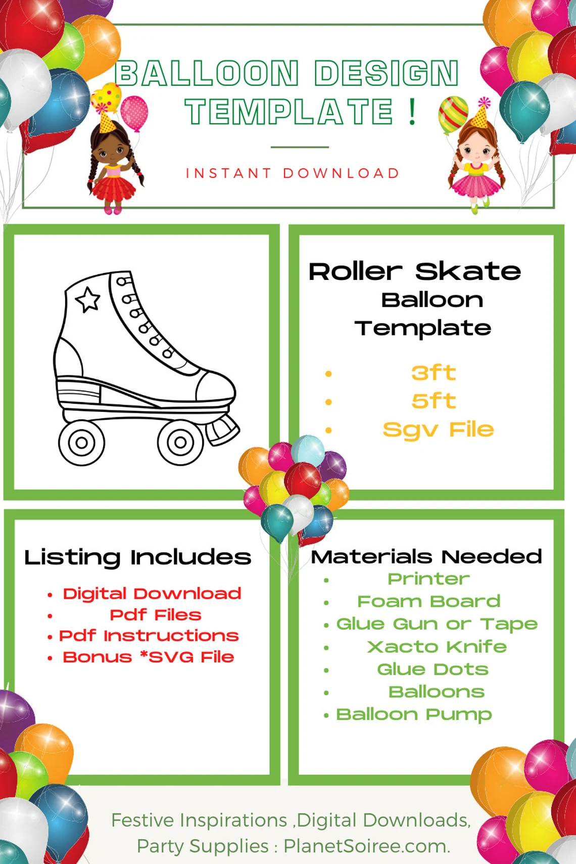 Roller Skate balloon Template Digital Downloads-RollerBlade Mosaic Balloon Template-Birthday and party Balloon Decoration templates.