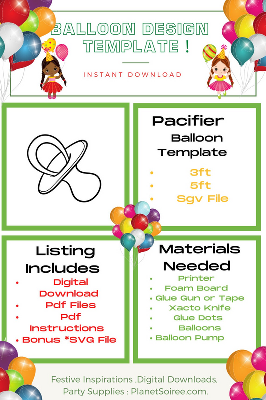 Pacifier Balloon Template Digital Downloads-Pacifier Balloon Templates, Birthday and Baby Gift Balloon templates. Mosaic Balloon