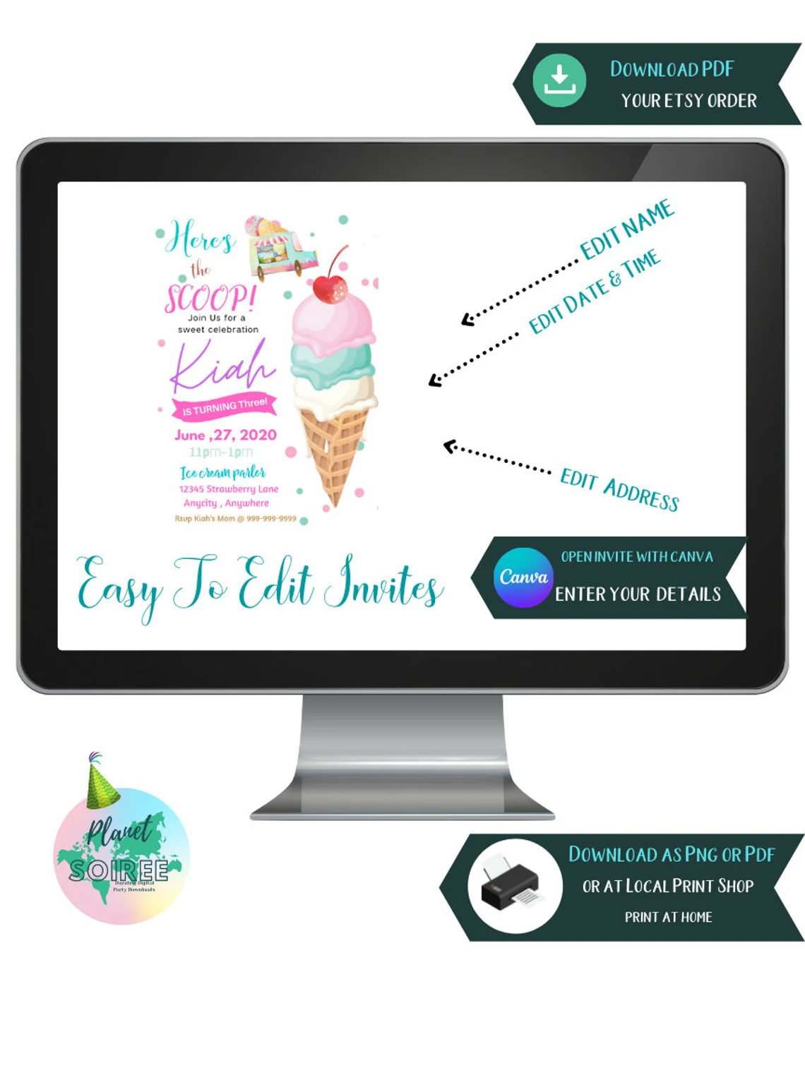 Here’s the scoop birthday invite, Ice-cream Birthday Invitation , personalized party invitation, Invite , Digital Download