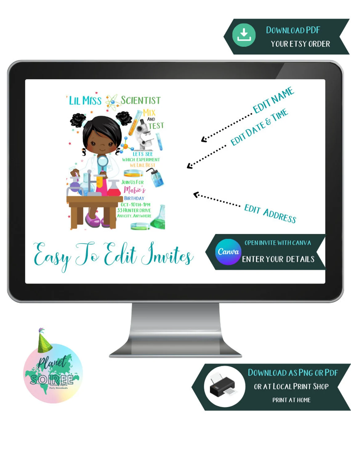 Lil Miss Scientist birthday invite, Lil Miss Scientist Birthday Invitation , personalized party invitation, Invite , Digital Download